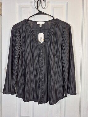 Charcoal Plissé Pleated Rio & Rian Tunic Top Small Whimsigoth Lace V-Neck Boho